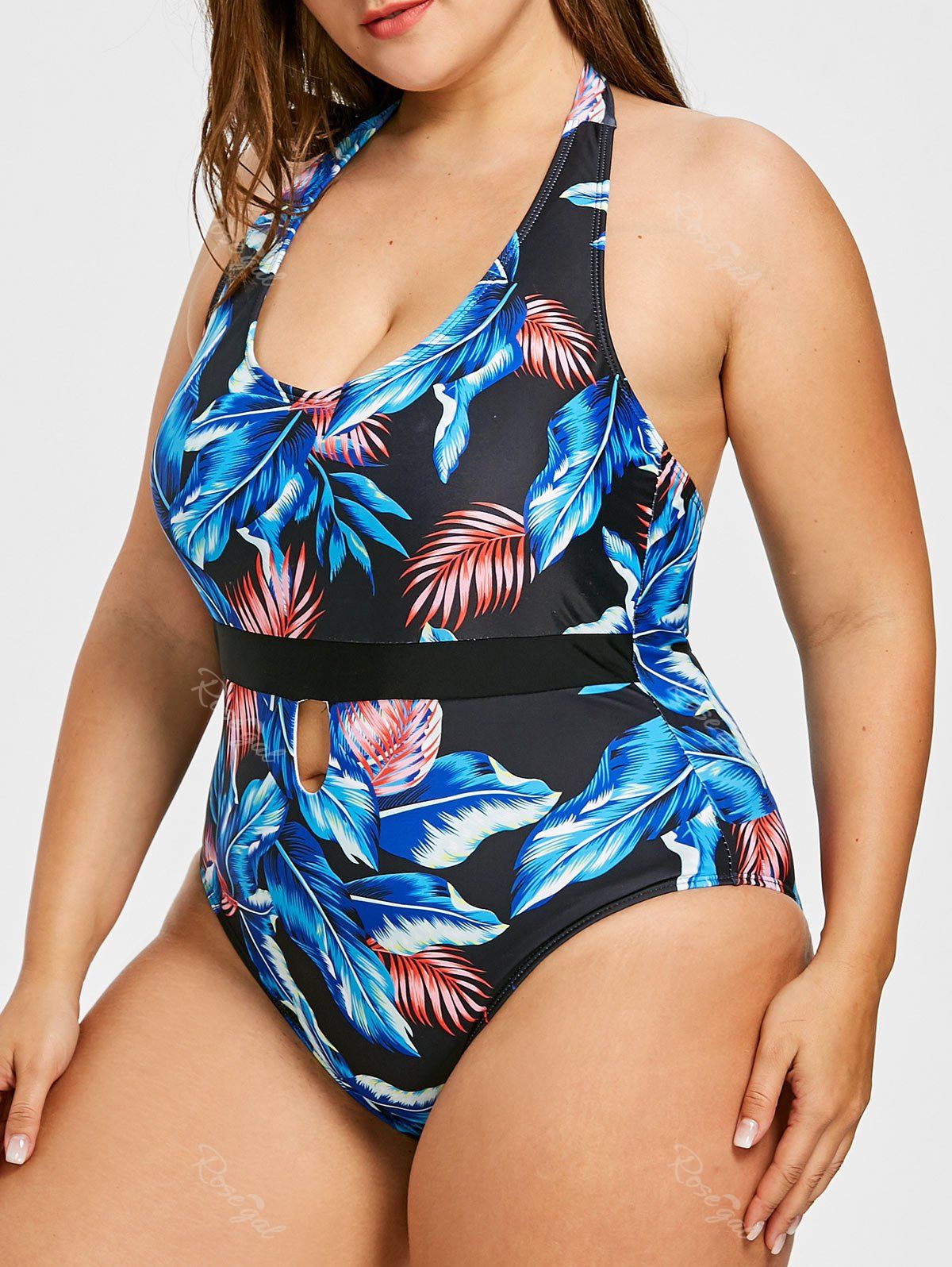 

Plus Size Leaf Print Halter Swimwear, Blue