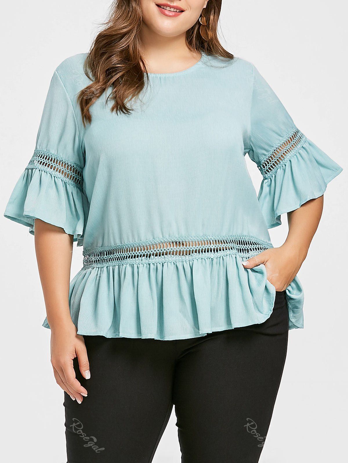 

Bell Sleeve Plus Size Flounce Blouse, Light blue