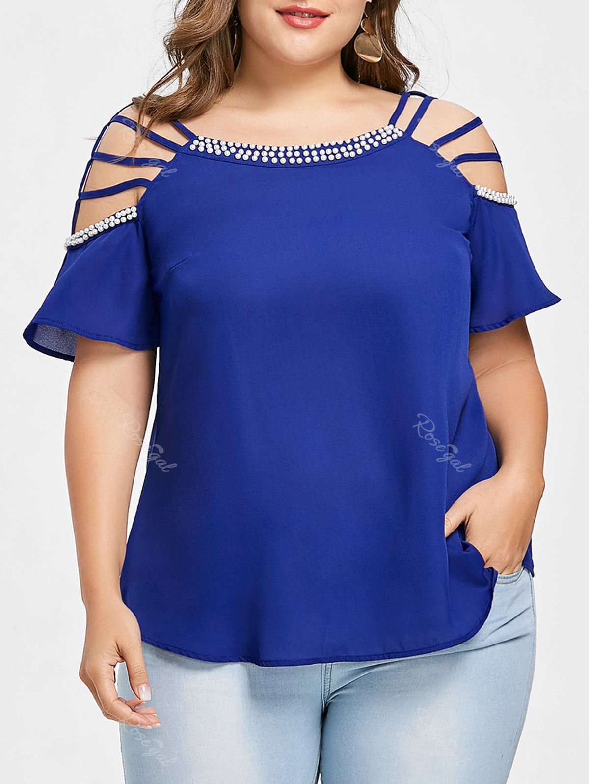 

Plus Size Beading Embellished Bell Sleeve Blouse, Royal