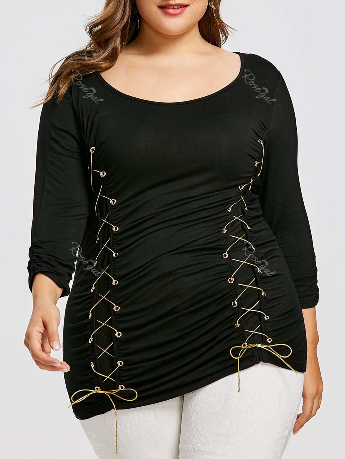 

Plus Size Contrast Lace Up T-shirt, Black