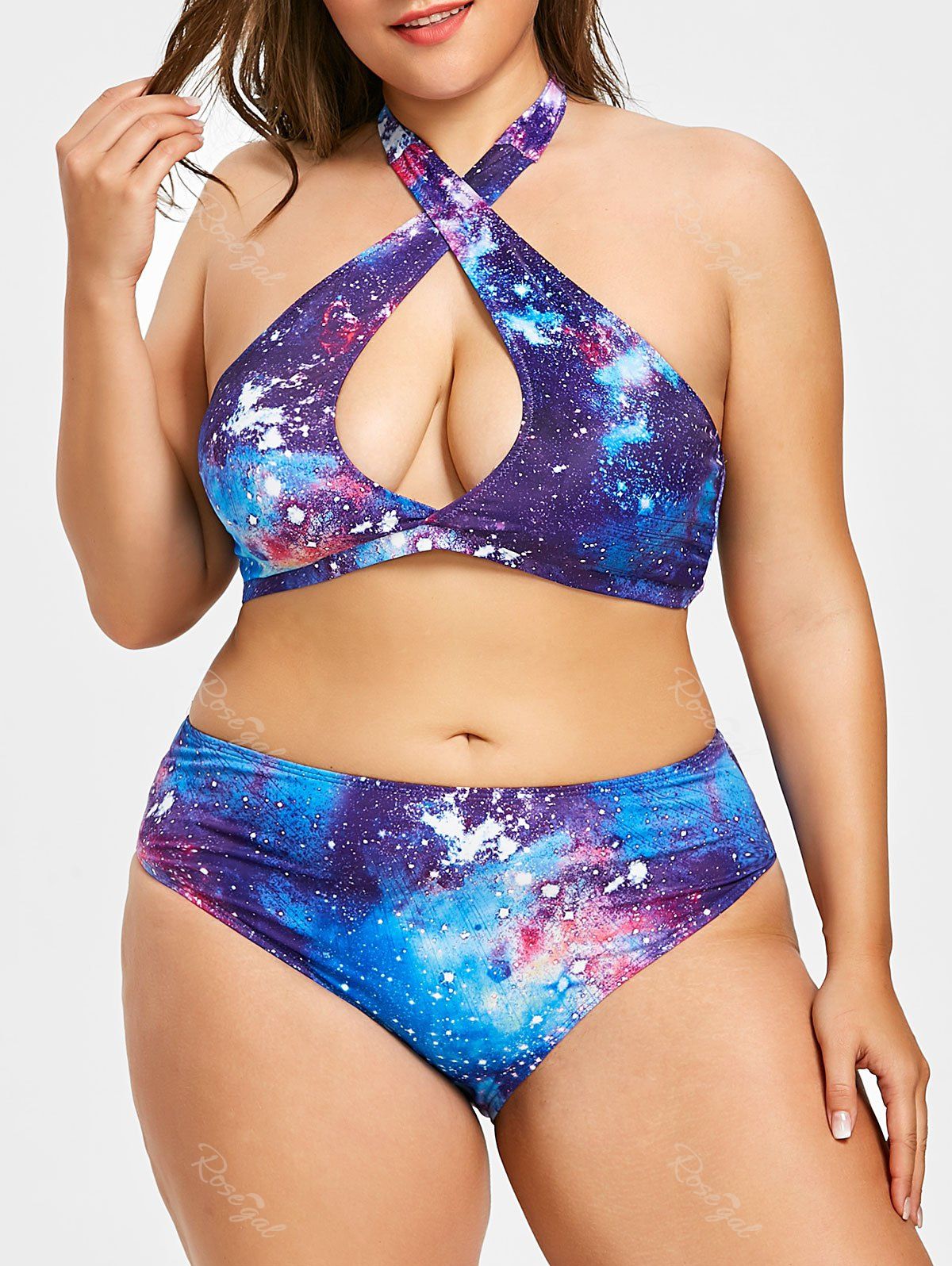 ROSE GAL Womens Plus Size Spaghetti Straps High Waist Galaxy Lace Up Bikini Set