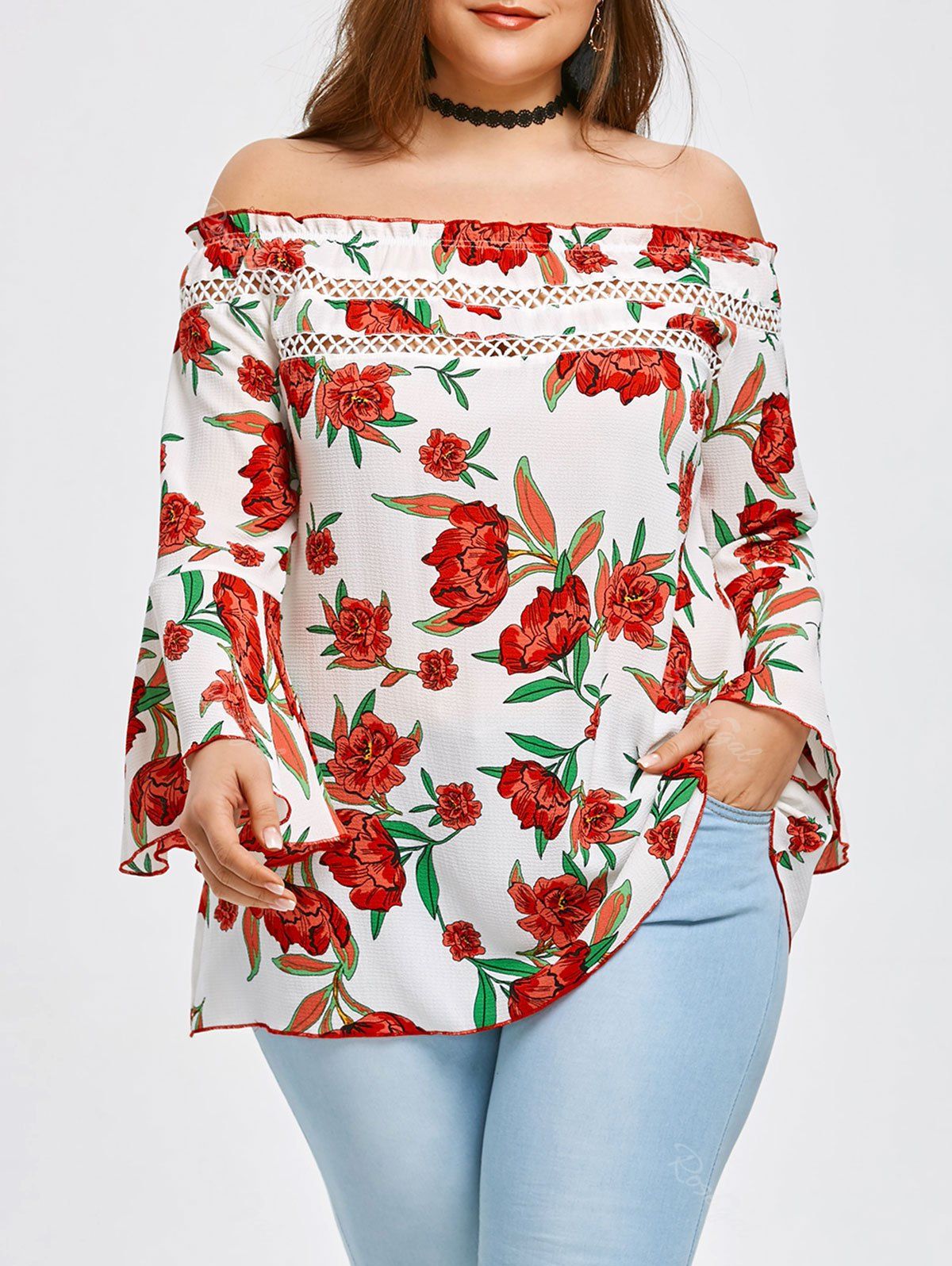 

Off The Shoulder Plus Size Floral Blouse, Colormix
