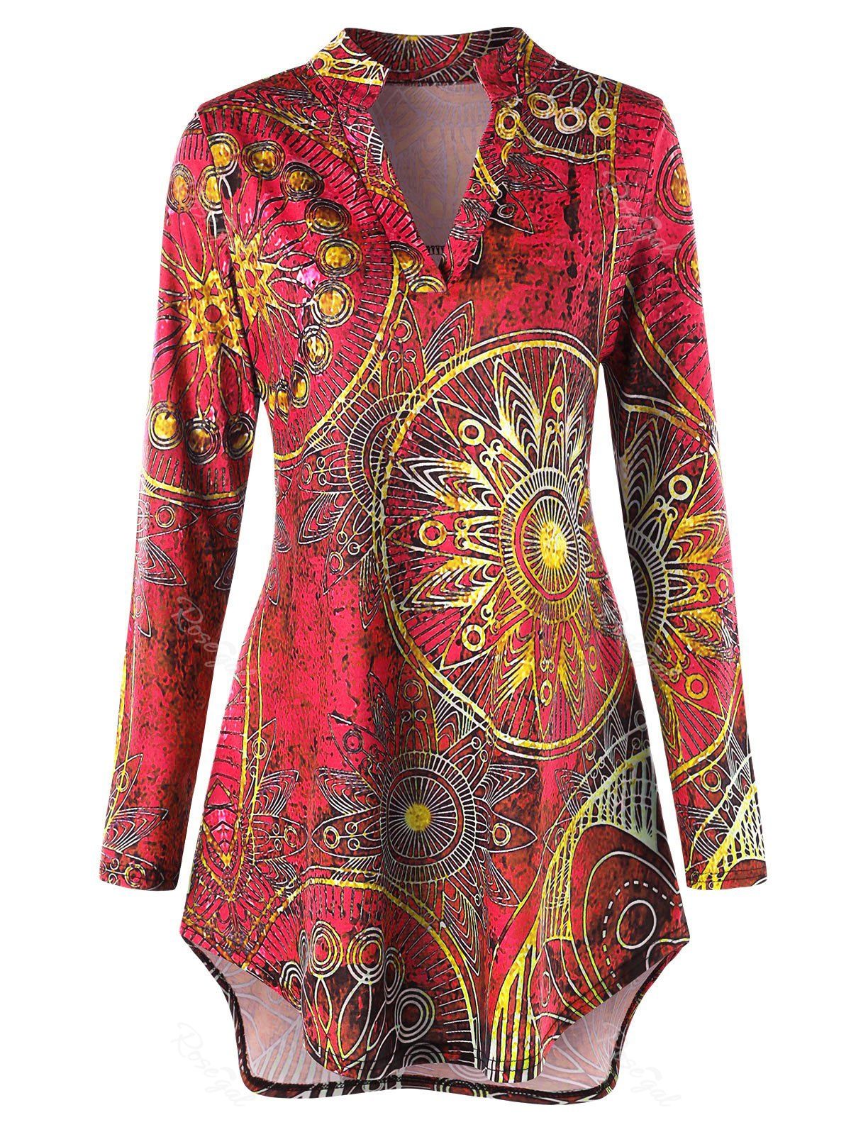 

Plus Size High Low Ethnic Print Tunic Tee, Rose red