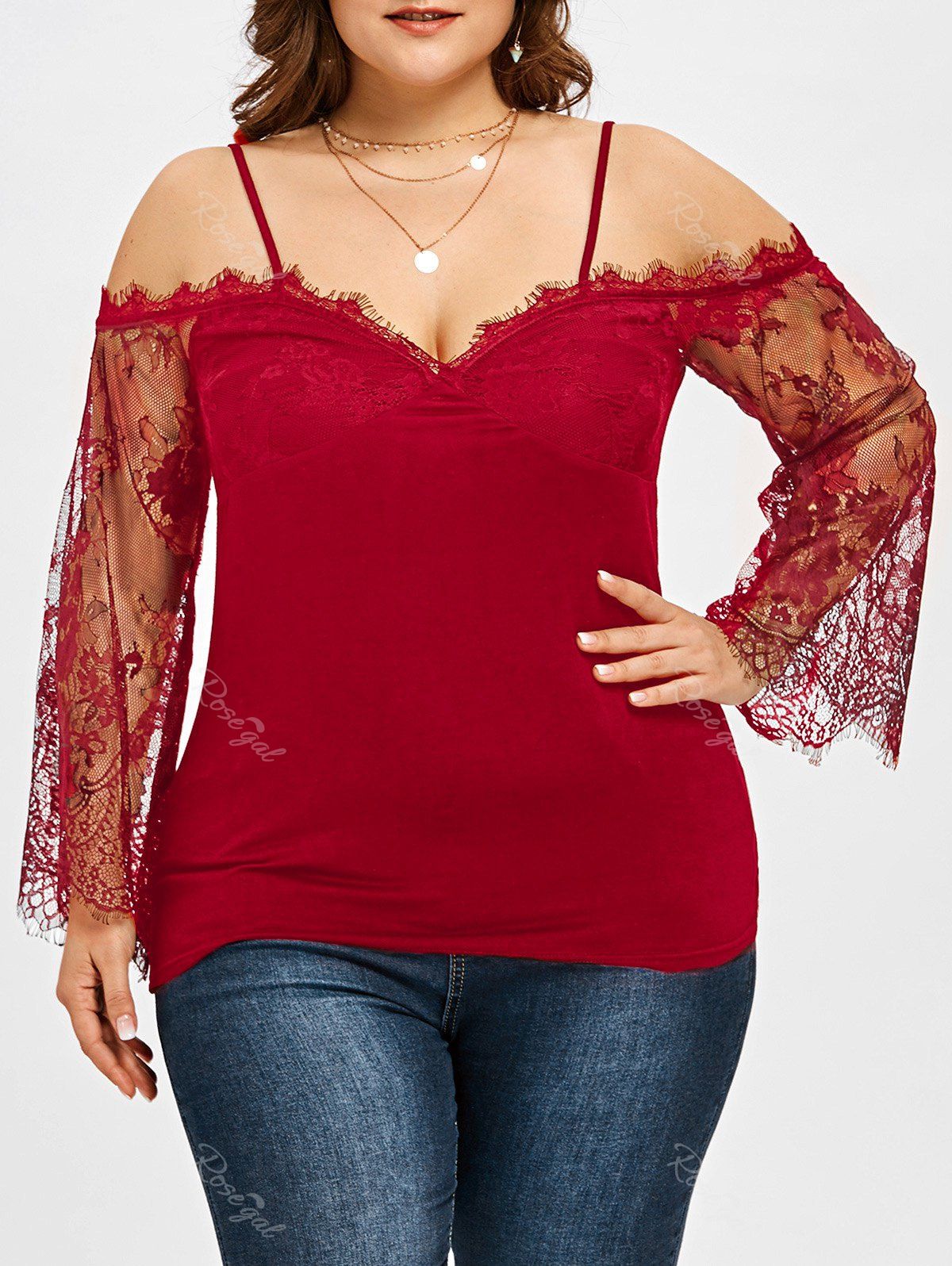 2019 plus size lace trim bell sleeve blouse