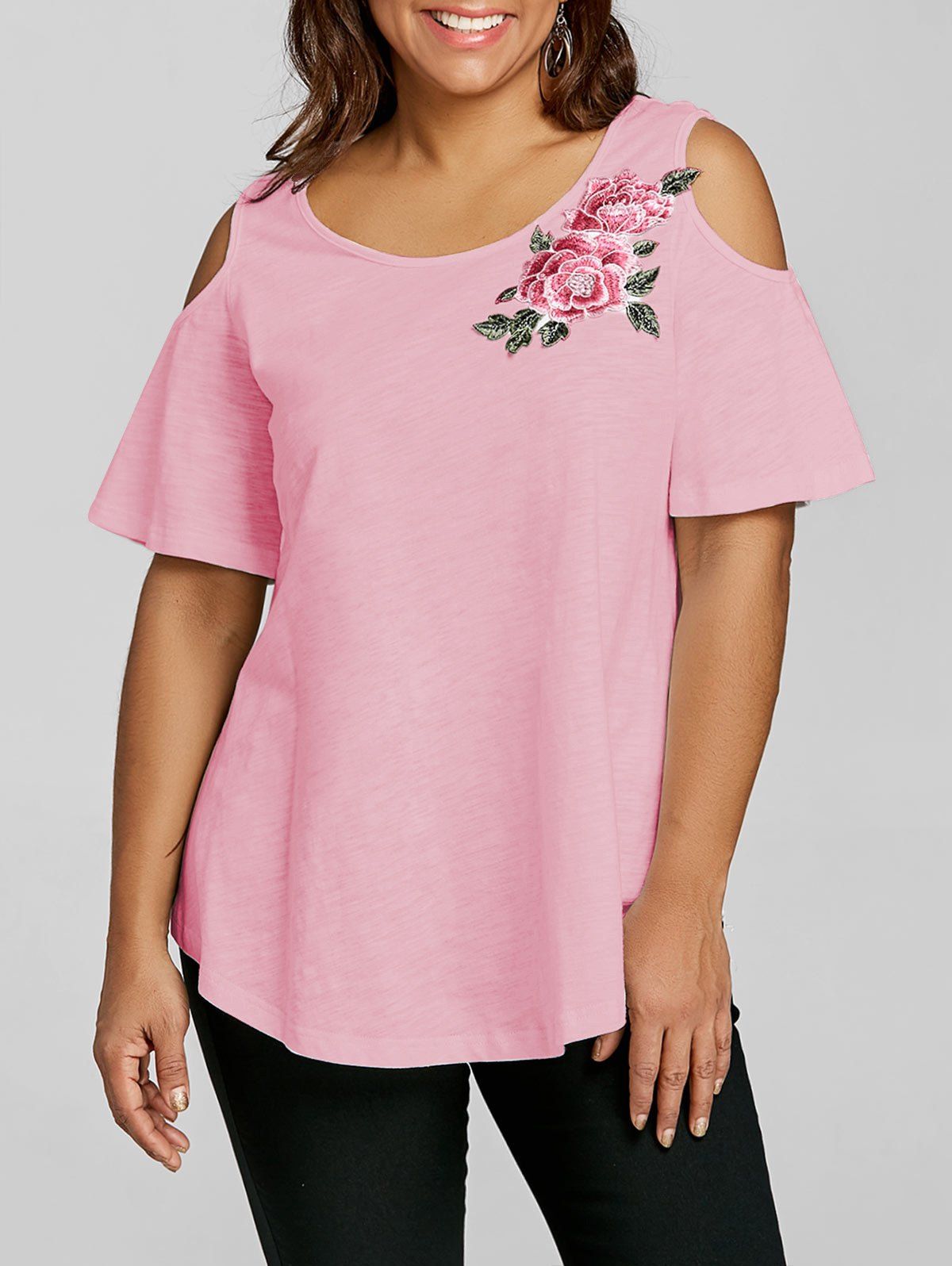 

Plus Size Cold Shoulder Embroidery Appliqued T-shirt, Light pink