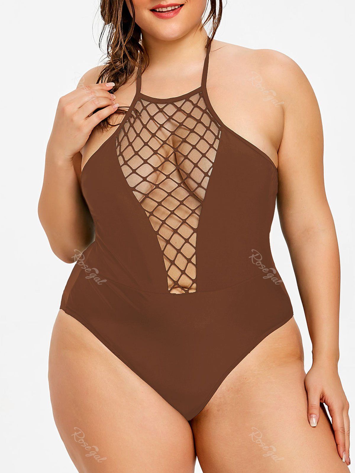 

Plus Size Halter Neck One Piece Swimwear, Cappuccino