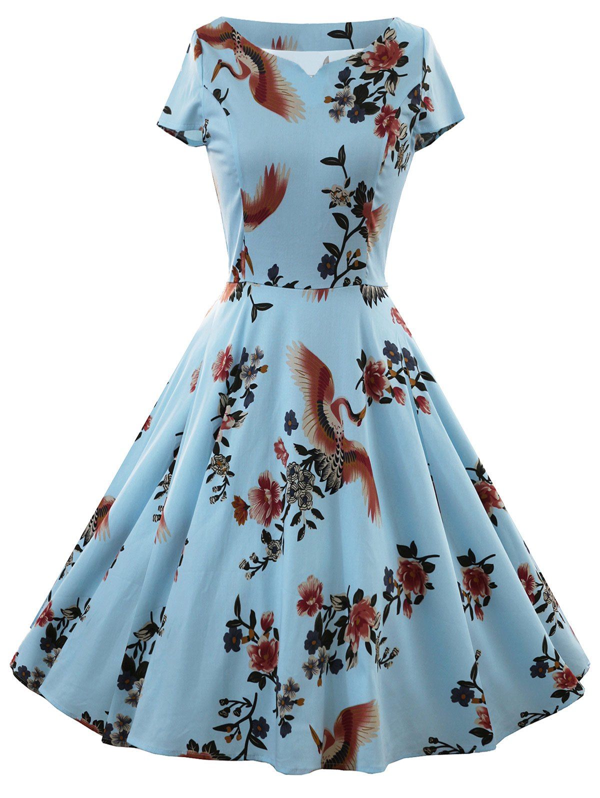 2019 floral and bird print sleeveless vintage dress