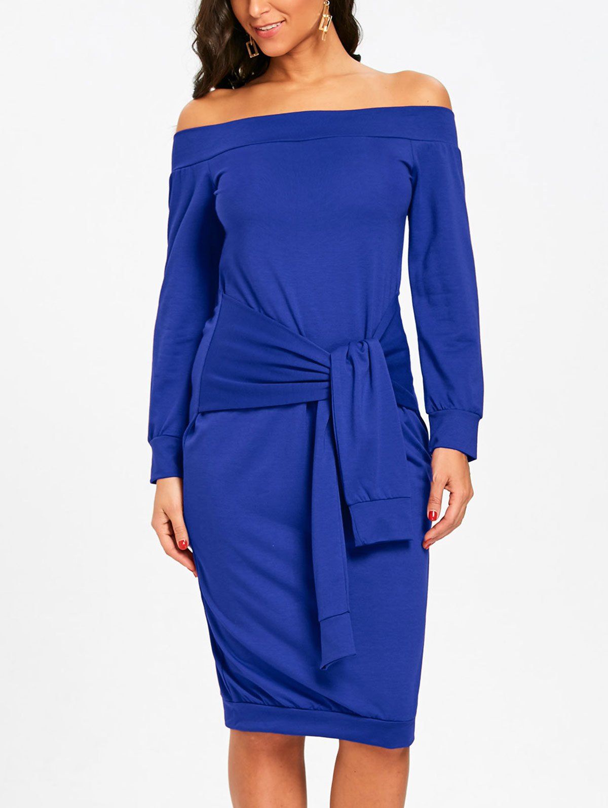 

Off The Shoulder Tie Waist Sweatshirt Dress, Blue