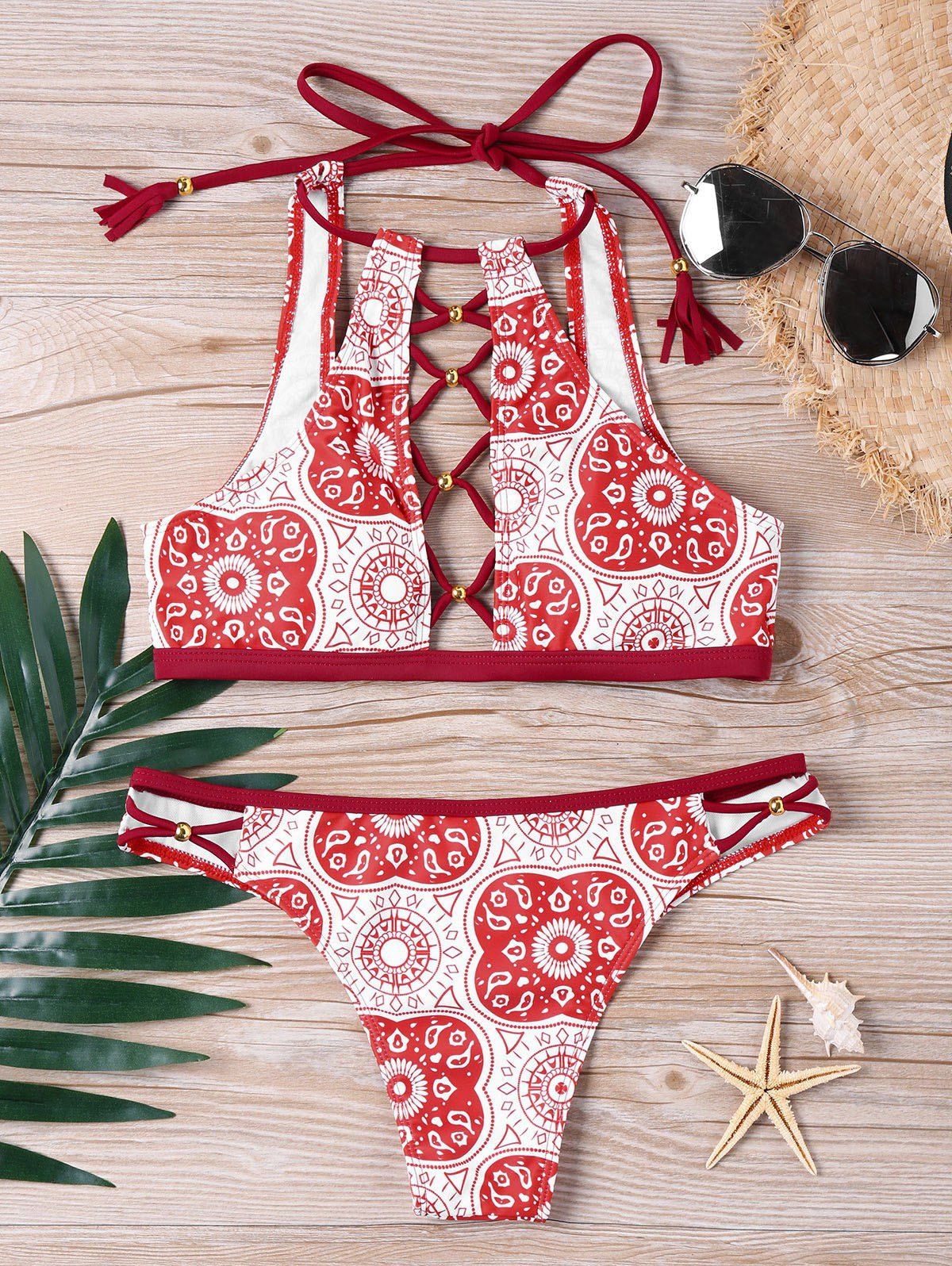 

Mandala Graphic Lace Up Halter Neck Bikini Set, Red