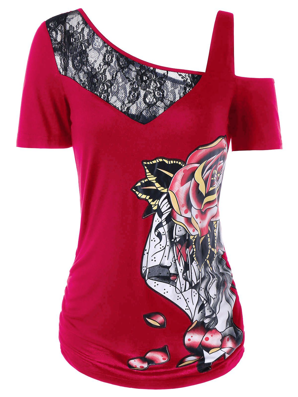 

Lace Trim Print Cold Shoulder T-shirt, Multi-a