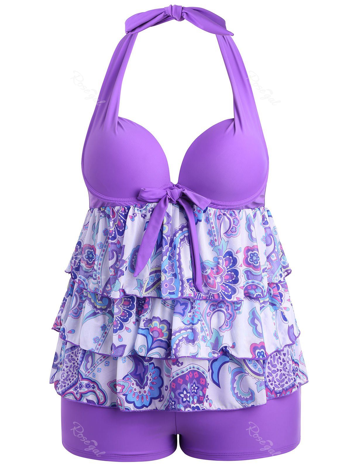 

Plus Size Halter Paisley Print Tankini Set, Light purple