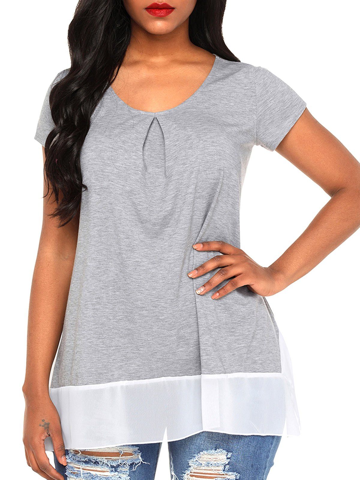 

Chiffon Panel Scoop Neck T-shirt, Gray