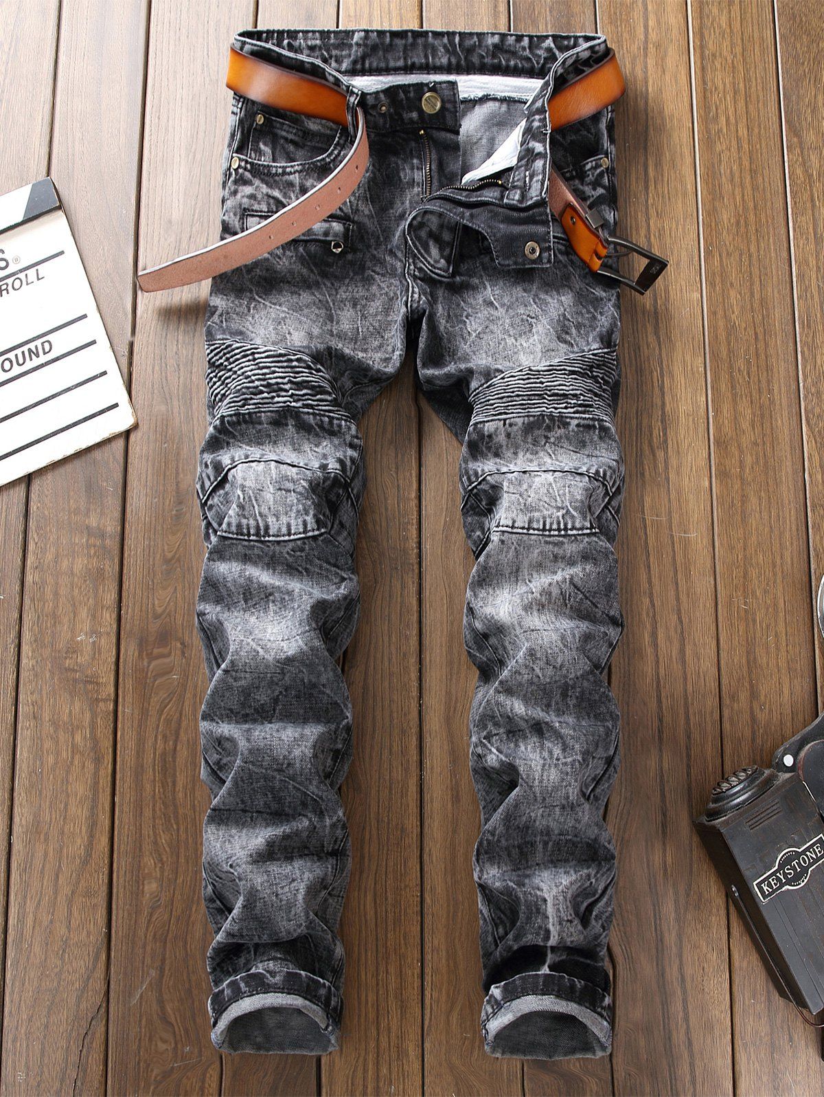 

Straight Leg Bleach Wash Biker Jeans, Gray