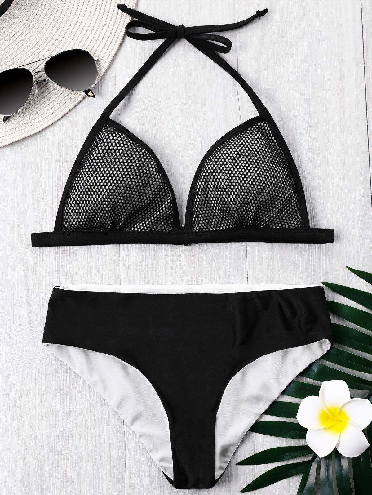 

Padding Fishnet Trim Halter Bikini Swimsuit, Black