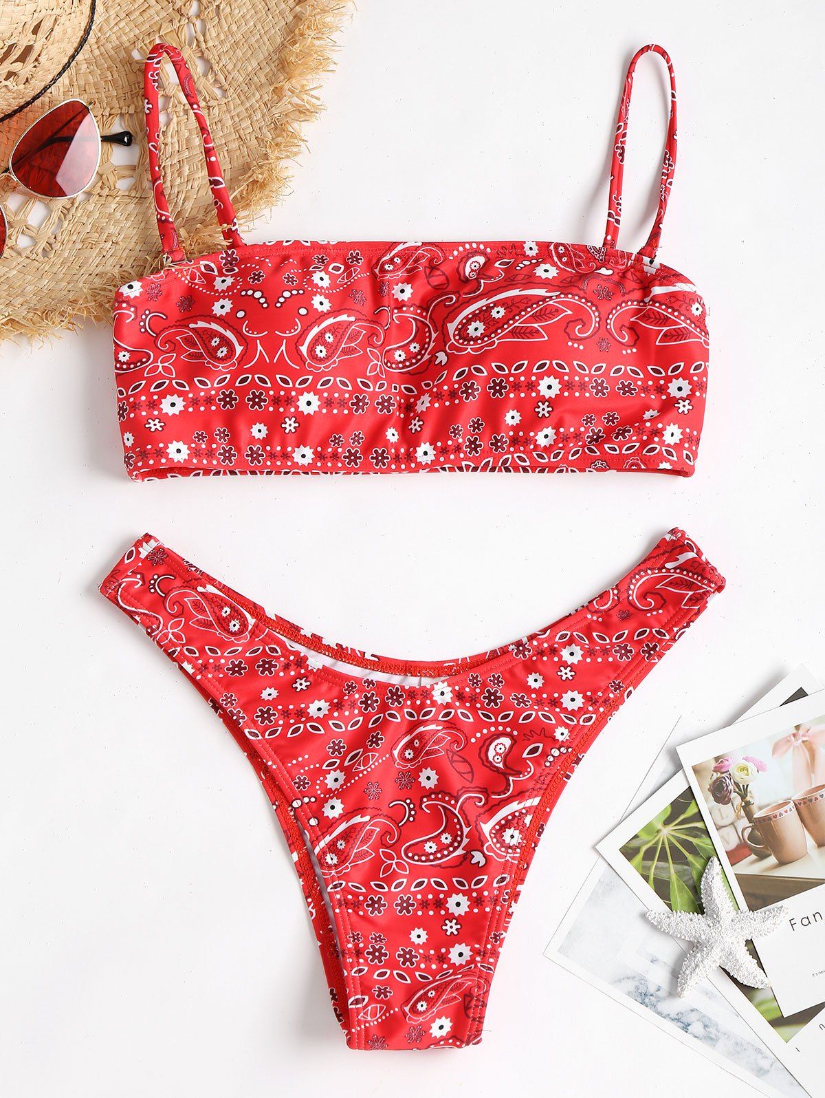 

Low Waisted Paisley Print Bikini, Red