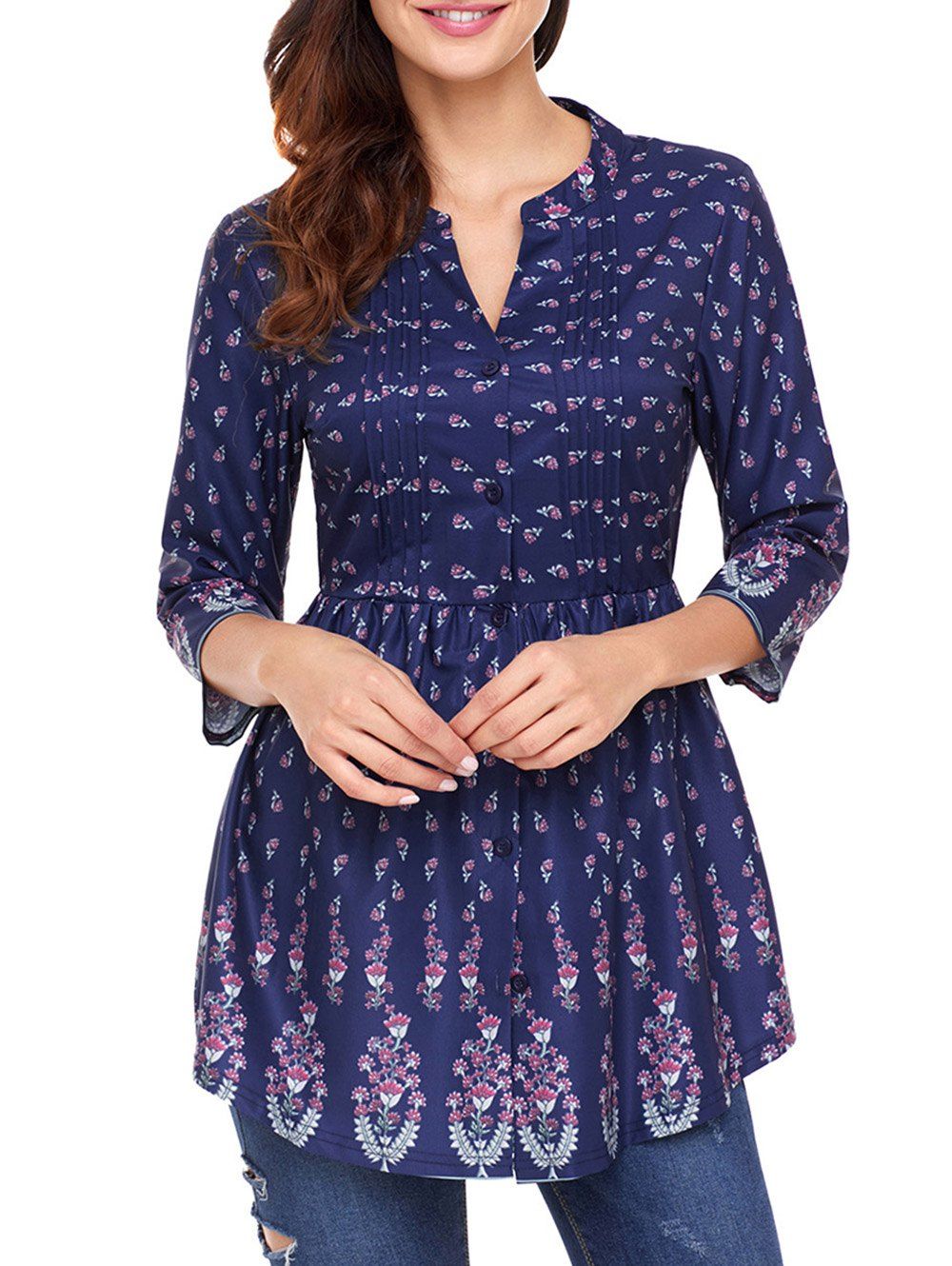 

Split Neck Pintuck Tribal Print Blouse, Navy blue