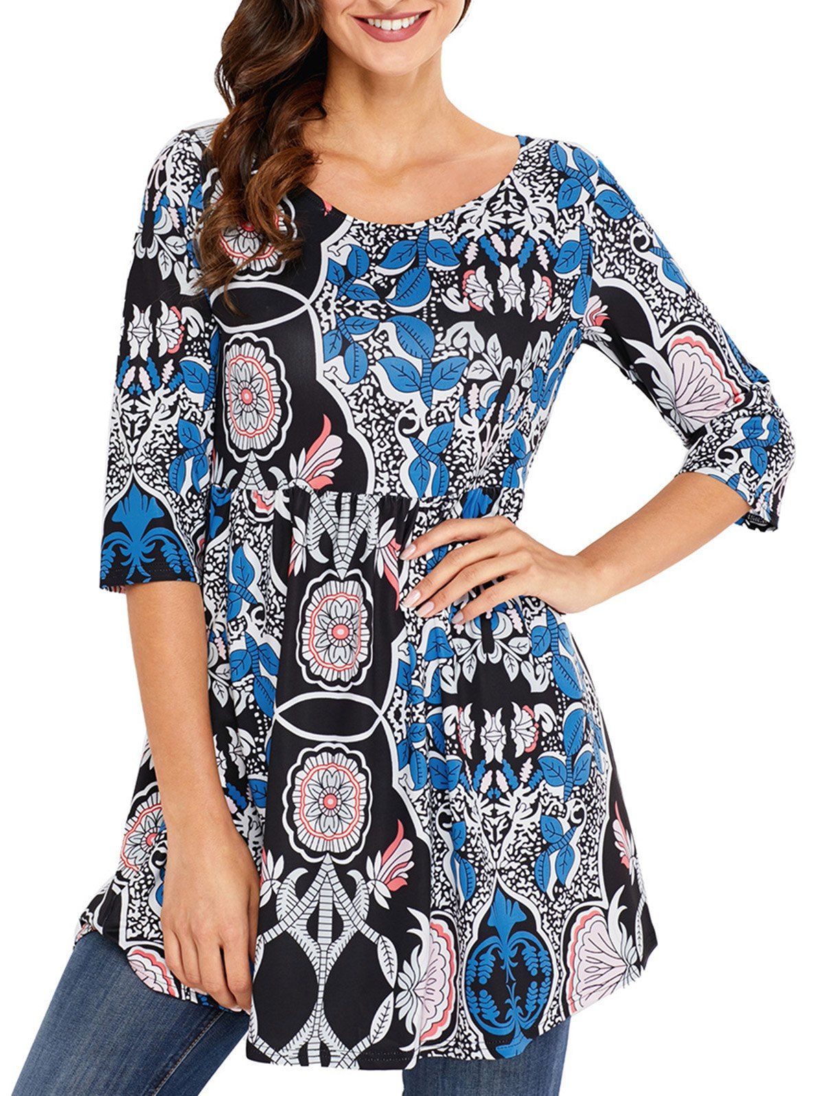 

Print Scoop Neck Tunic Blouse, Multicolor