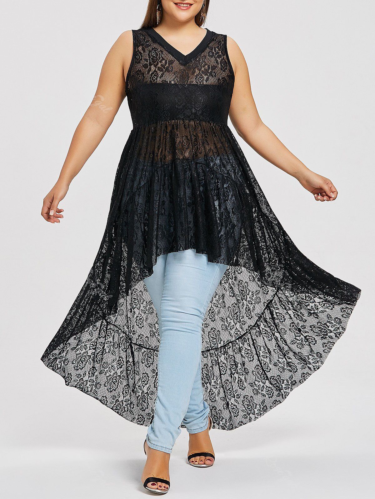 

Plus Size Rose Lace High Low Tank Top, Black