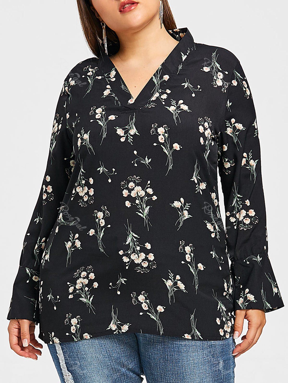 [28 Off] V Neck Plus Size Floral Print Blouse Rosegal