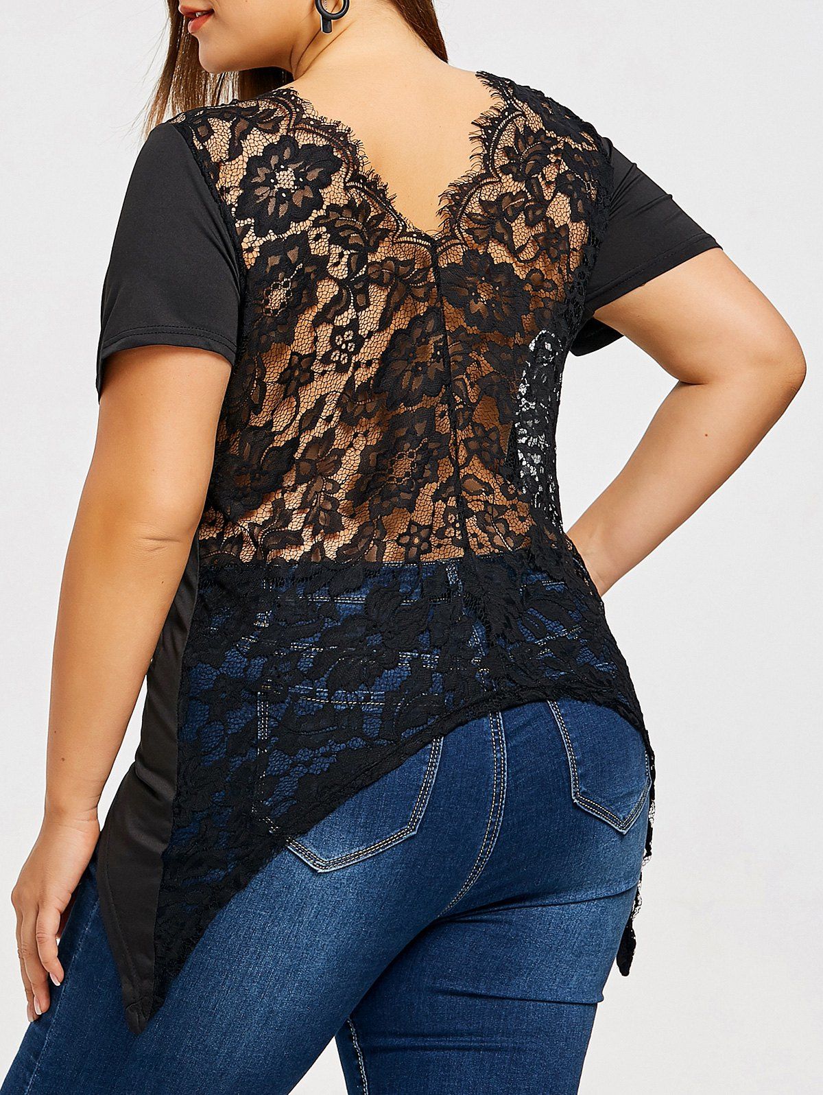 

Plus Size Floral Lace Asymmetrical T-shirt, Black