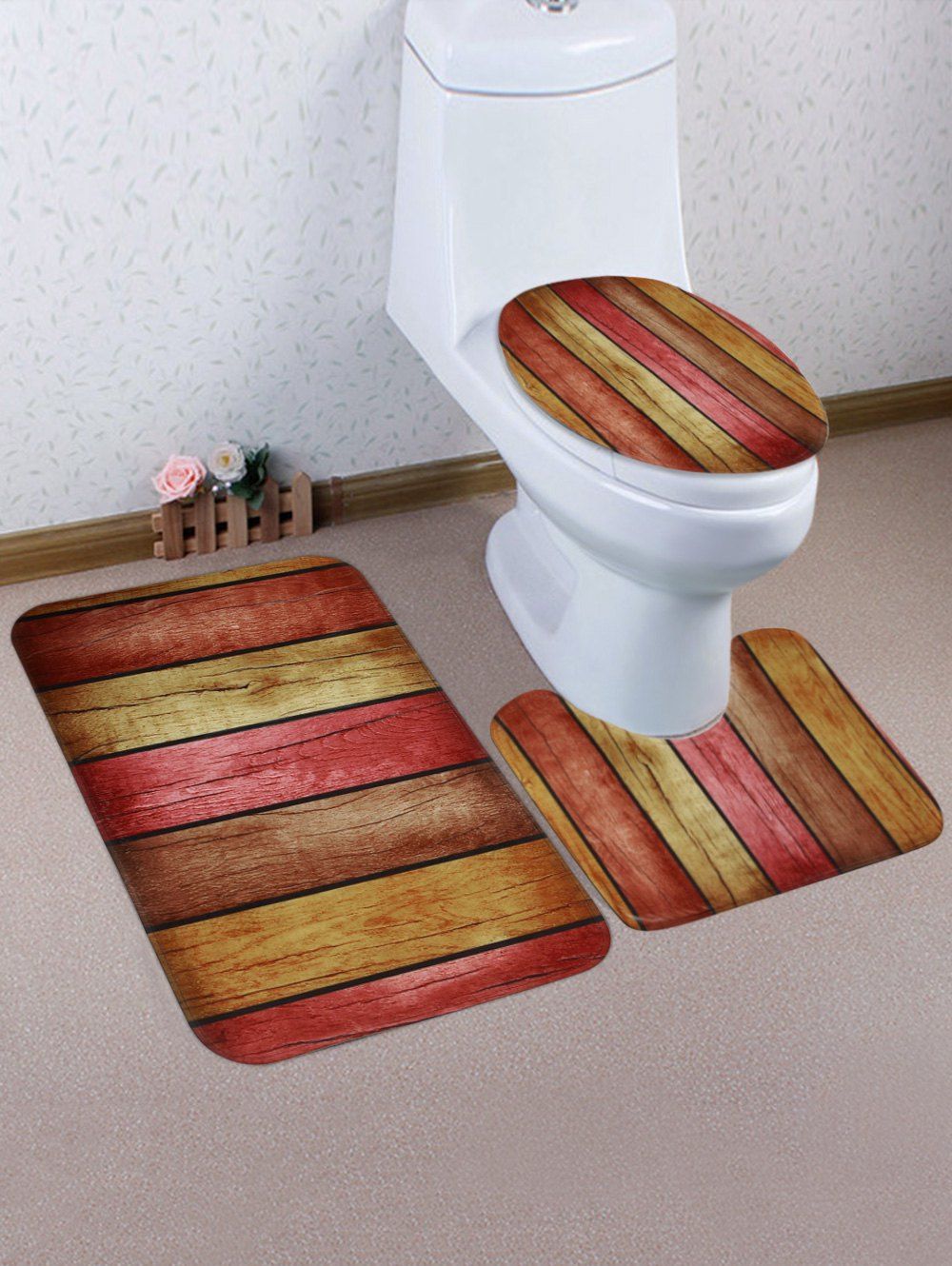

Wood Plank Color Block Print 3 Pcs Toilet Mat Set, Multi