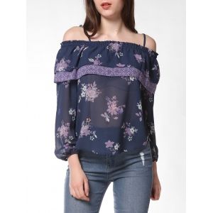 

FRENCH BAZAAR Strap Cold Shoulder Floral Print Ruffle Top, Slate blue