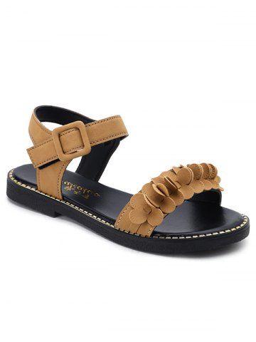 Two Strap PU Leather Floral Buckled Sandals - School Bus Yellow - 38 Two Strap PU Leather Floral Buckled Sandals - School Bus Yellow - 38