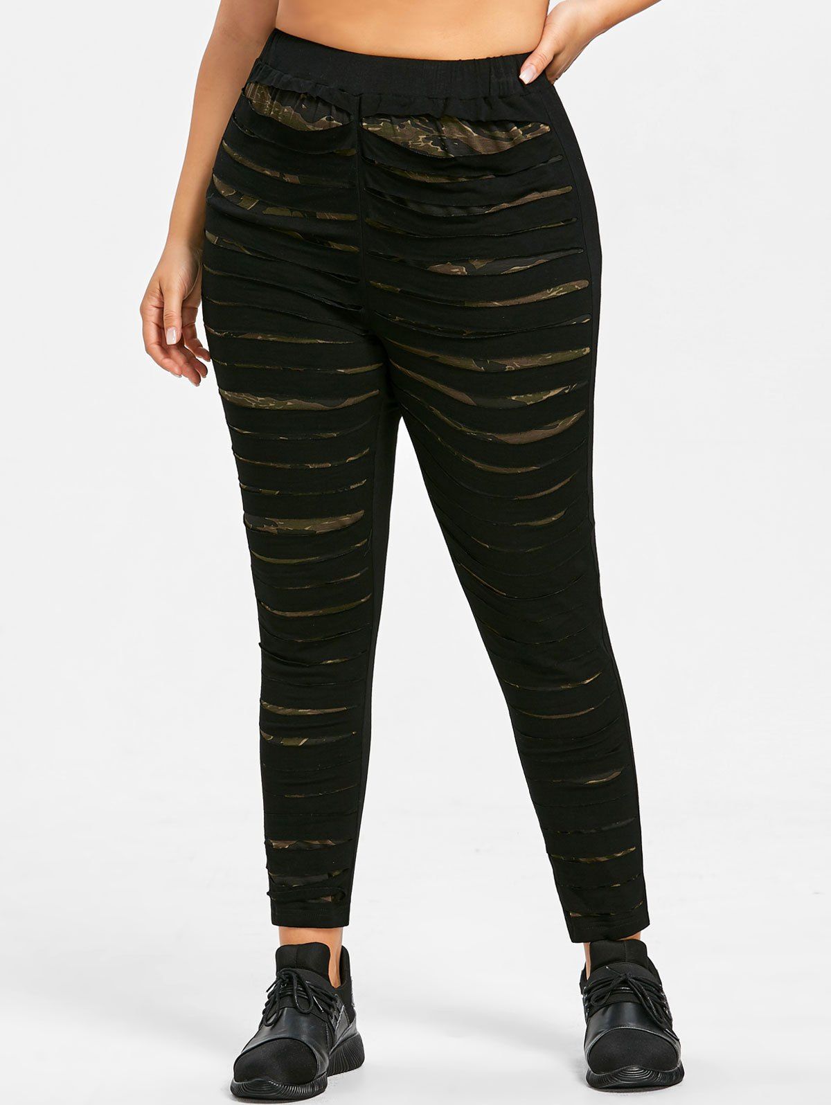 

High-waist Plus Size Ripped Ponte Pants, Black