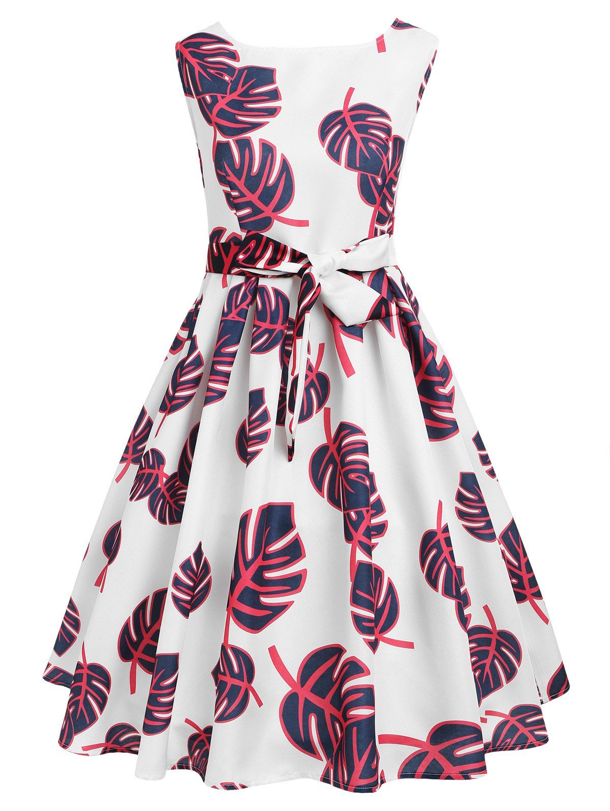 

Leaf Print Round Neck Dress with Belt, Multi