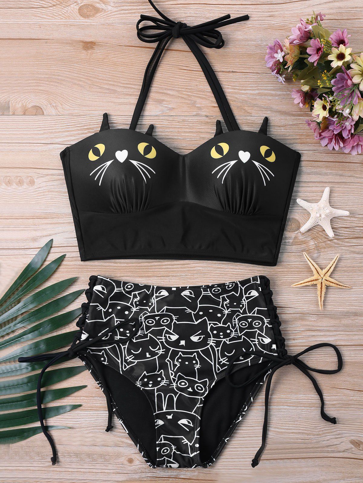 

Kitten Print High Waist Bikini Set, Black