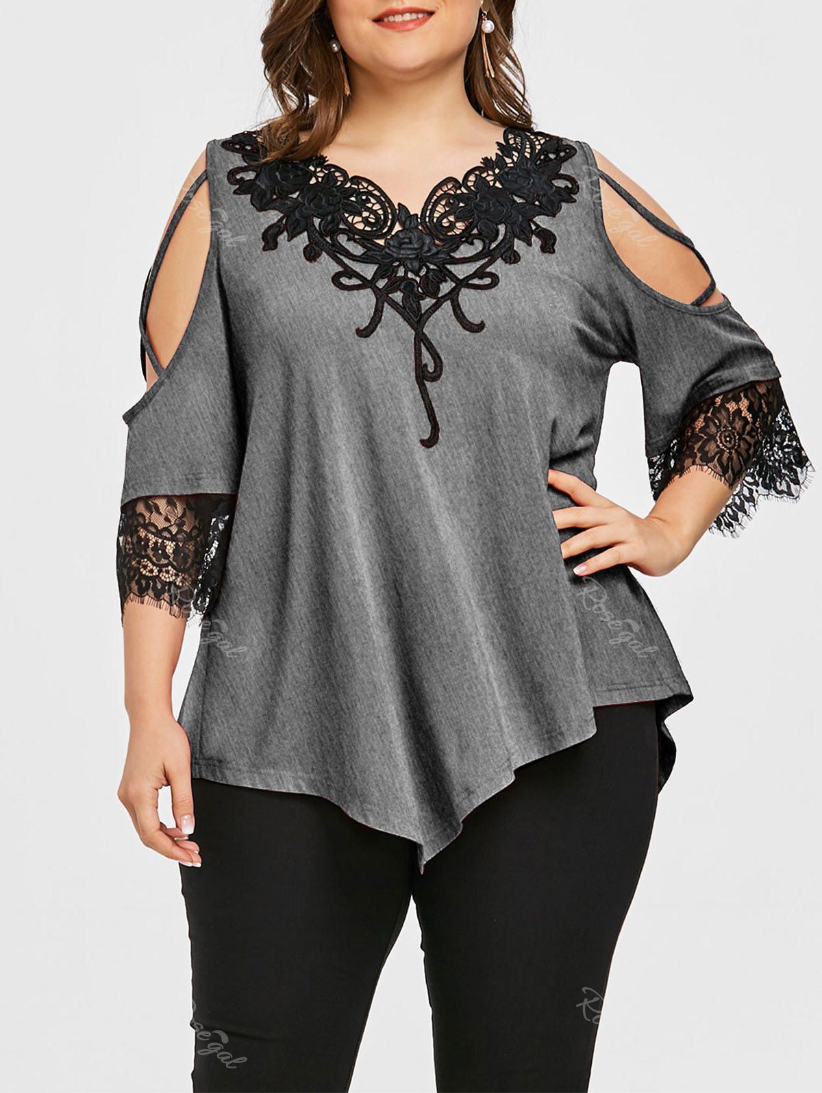 

Plus Size Lace Appliqued Cold Shoulder T-shirt, Dark heather gray
