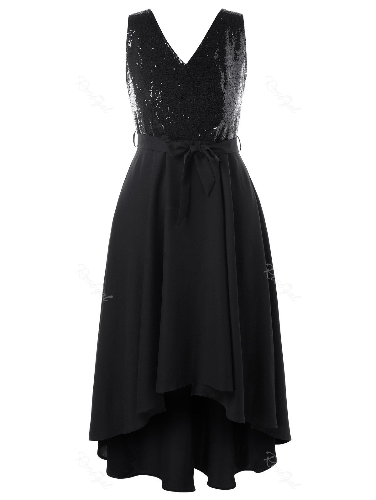 

Plus Size High Low Sequin Belted Dress, Black