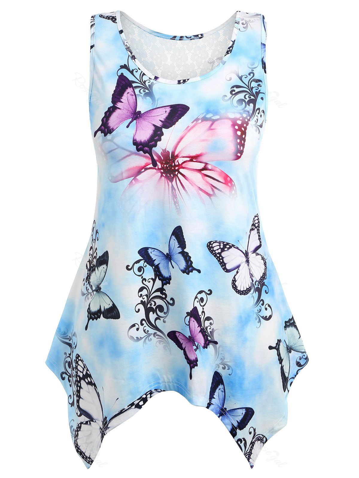 

Plus Size Asymmetric Lace Butterfly Tank Top, Baby blue