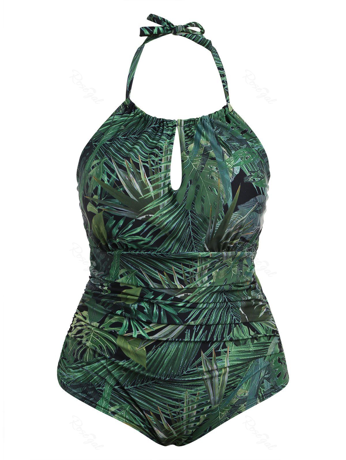 

Plus Size Leaf Print Halter One Piece Swimsuit, Green