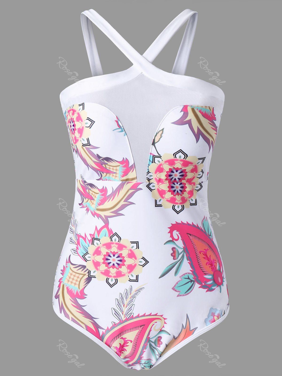 

Plus Size Criss Cross Paisley One Piece Swimsuit, White