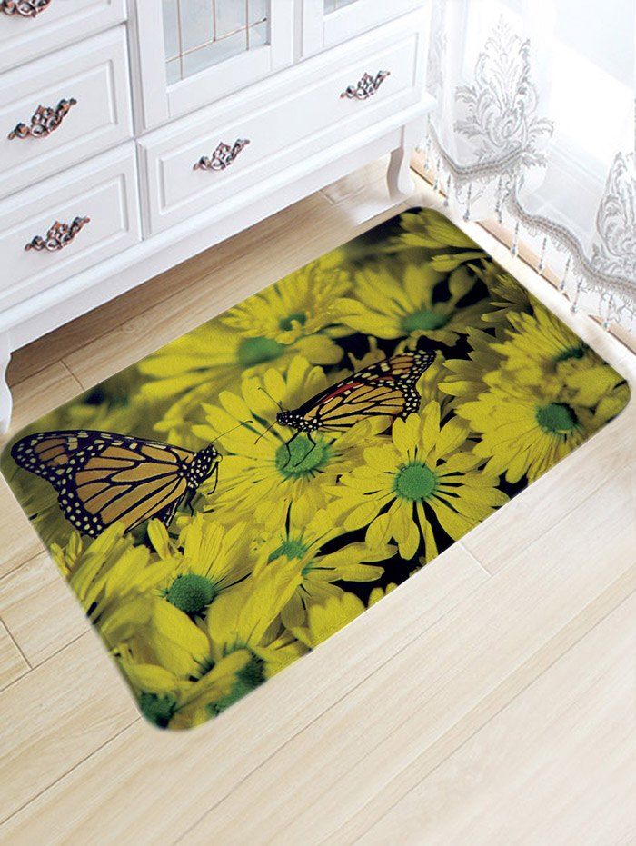 

Butterflies and Flowers Print Skidproof Bath Rug, Multi