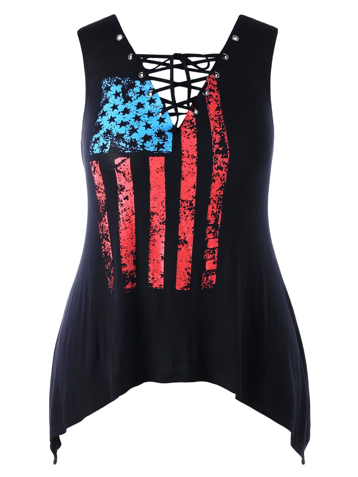 

Plus Size Lace Up Star Striped Tank Top, Black