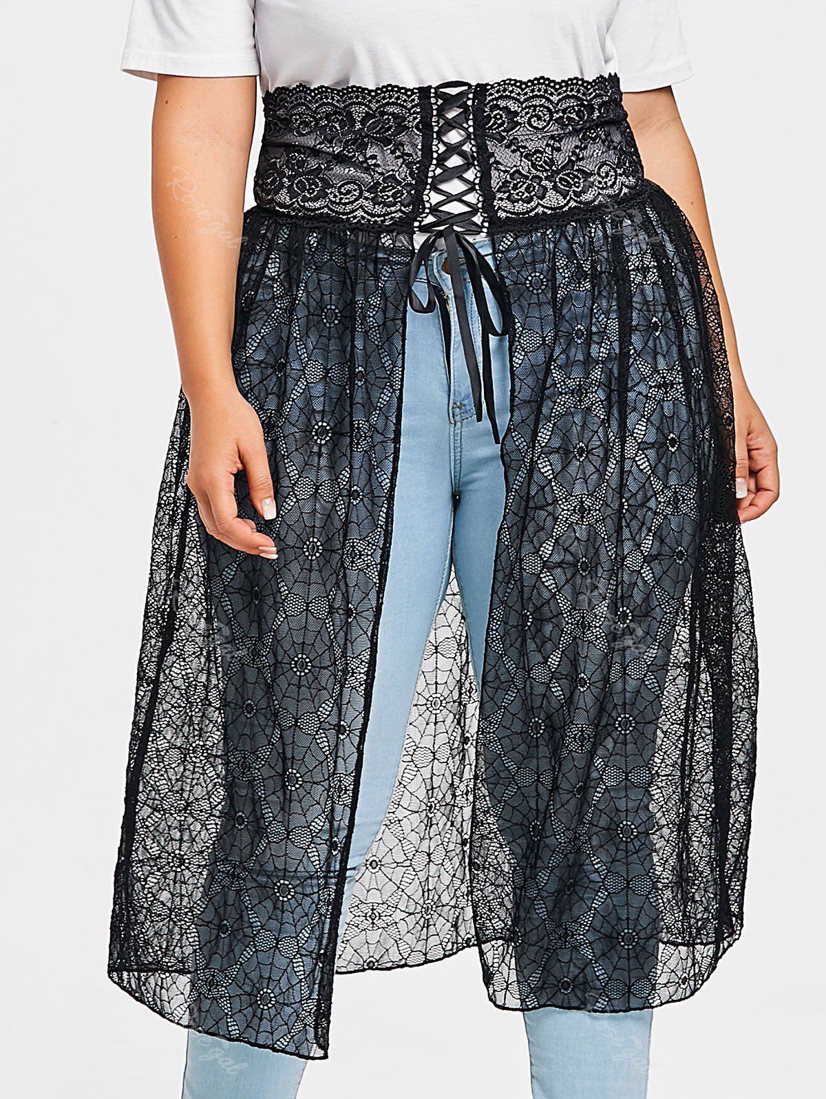 

Plus Size Asymmetrical Web Lace Skirt, Black