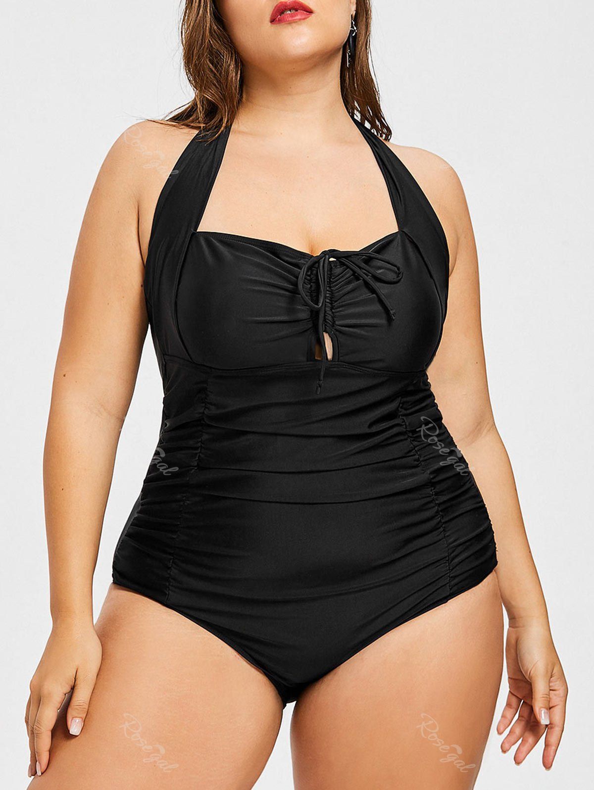 

Plus Size Keyhole Ruched One Piece Swimsuit, Black