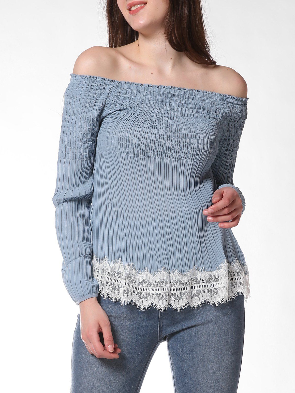 

FRENCH BAZAAR Lace Decorate Cold Shoulder Long Sleeve Top, Baby blue