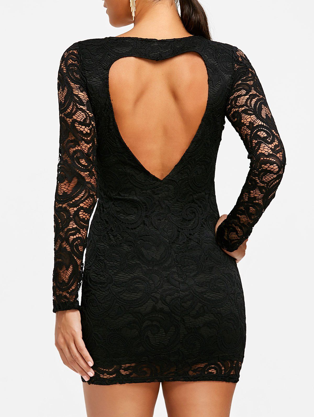 

Heart Back Long Sleeve Lace Dress, Black