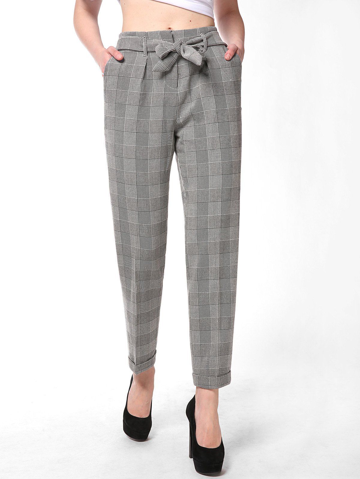 

FRENCH BAZAAR Striped Plaid Casual Long Suit Pants, Light grey