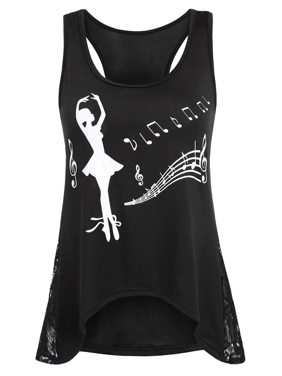 

Music Note Racerback Lace Insert Tank Top, Black