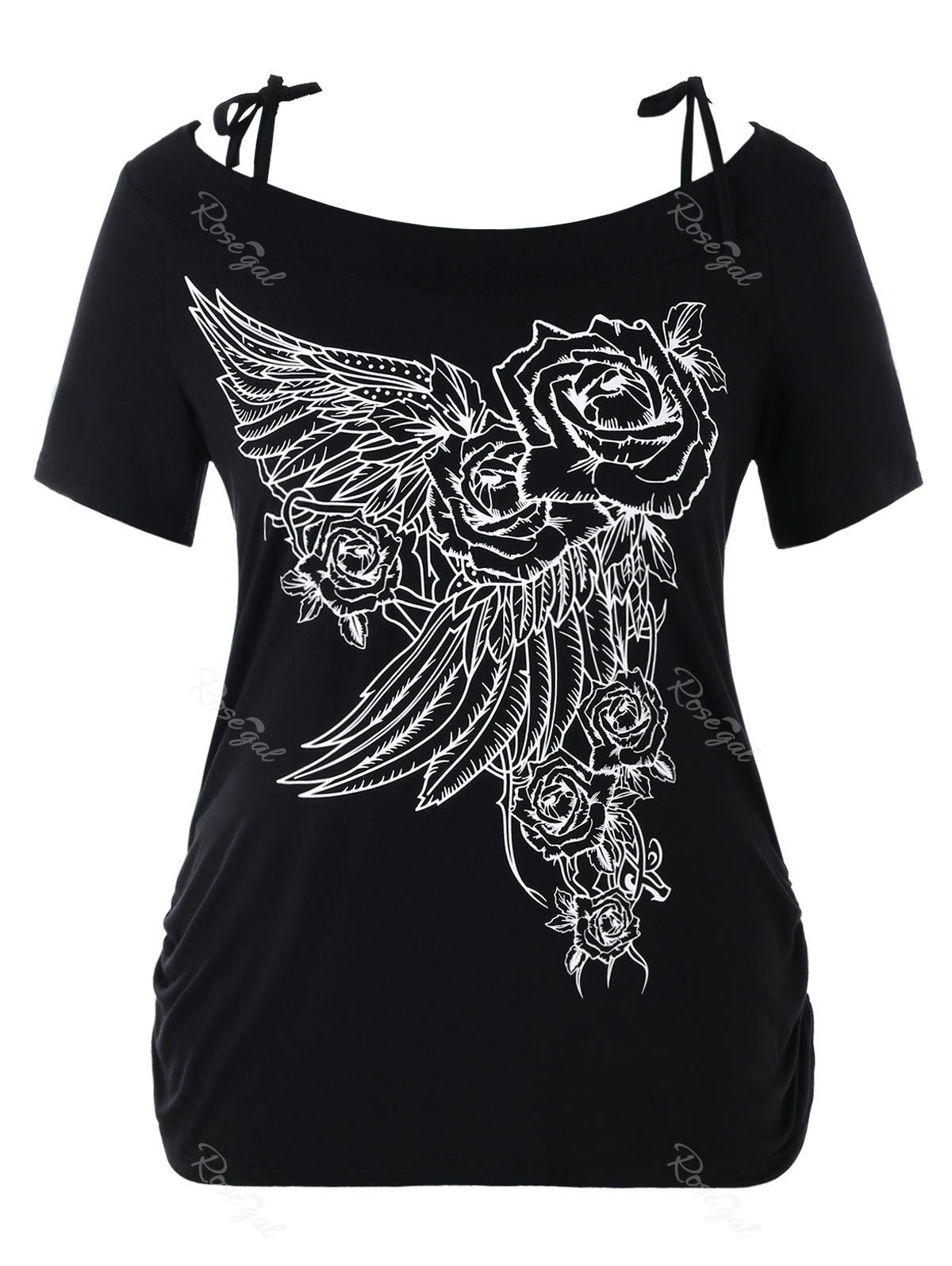 

Plus Size Floral and Wings Print Boat Neck T-shirt, Black