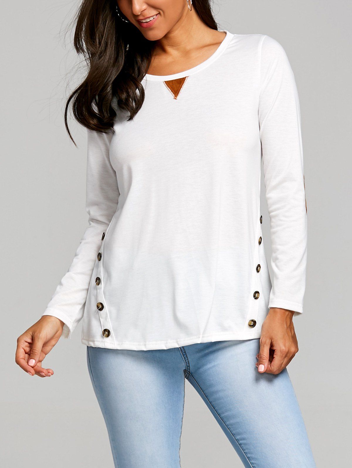 

Elbow Patch Button Long Sleeve Top, White