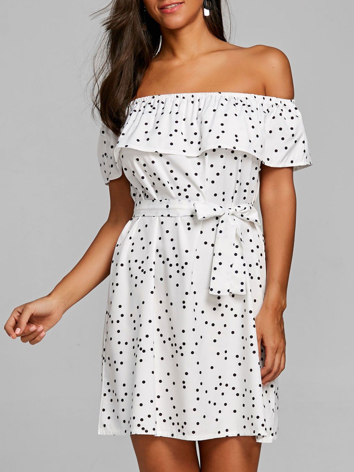 

Flounce Off Shoulder Polka Dot Dress, White