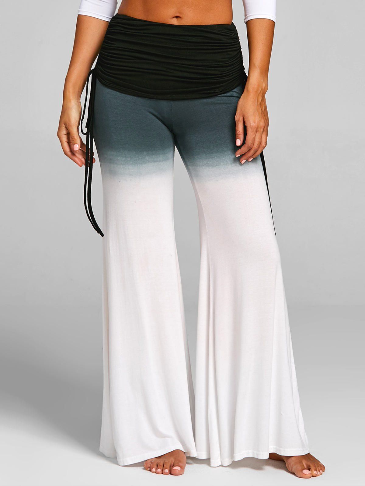 

High Rise Ruched Gradient Bell Bottom Pants, White