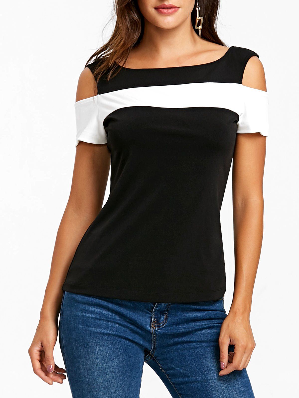 

Two Tone Color Cold Shoulder Top, Black