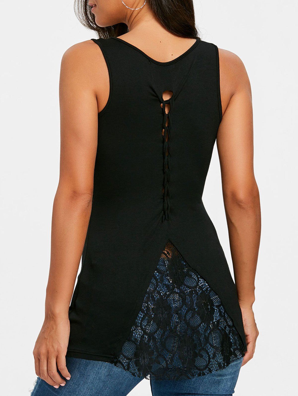 

Asymmetrical Lace Trim U Neck Tank Top, Black
