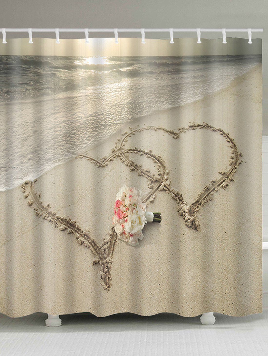 

Double Heart Flower Beach Print Waterproof Bath Curtain, Camel brown